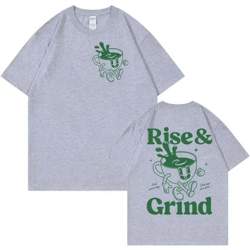 Loose fit linen t-shirt featuring a Rise And Grind Green Coffee Fun Expression Bag Cartoon print.