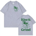 Loose fit linen t-shirt featuring a Rise And Grind Green Coffee Fun Expression Bag Cartoon print.