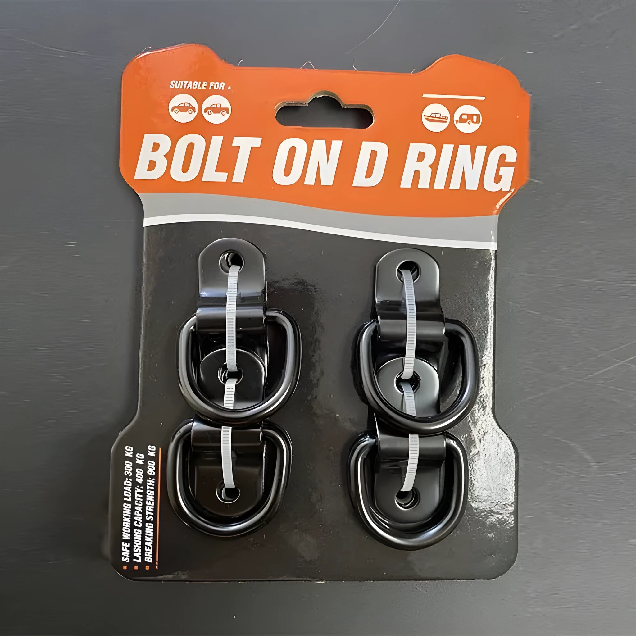 Black galvanised carbon steel truck floor hook with a fitted pull ring accessory.
