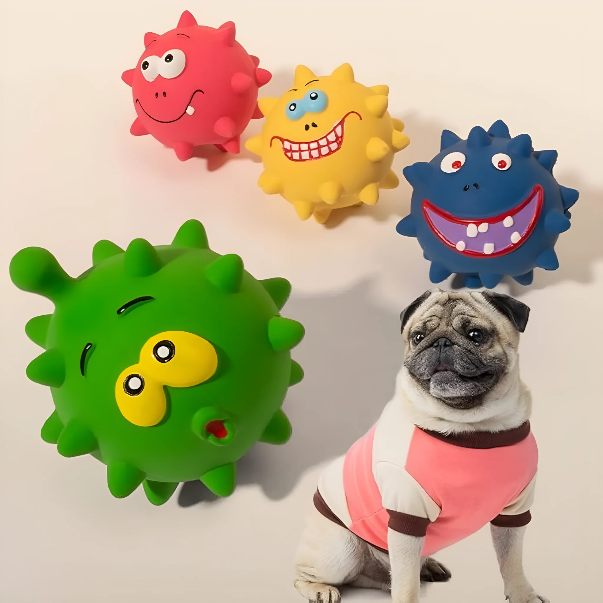 Set of four coloured latex squeaky dog balls with cute faces on a blue background