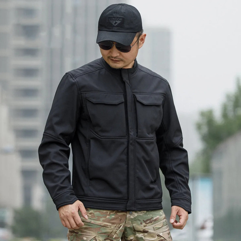 Bone Frog Peak Breaker soft shell mountaineering jacket in black, shown as a cardigan-style outdoor coat.