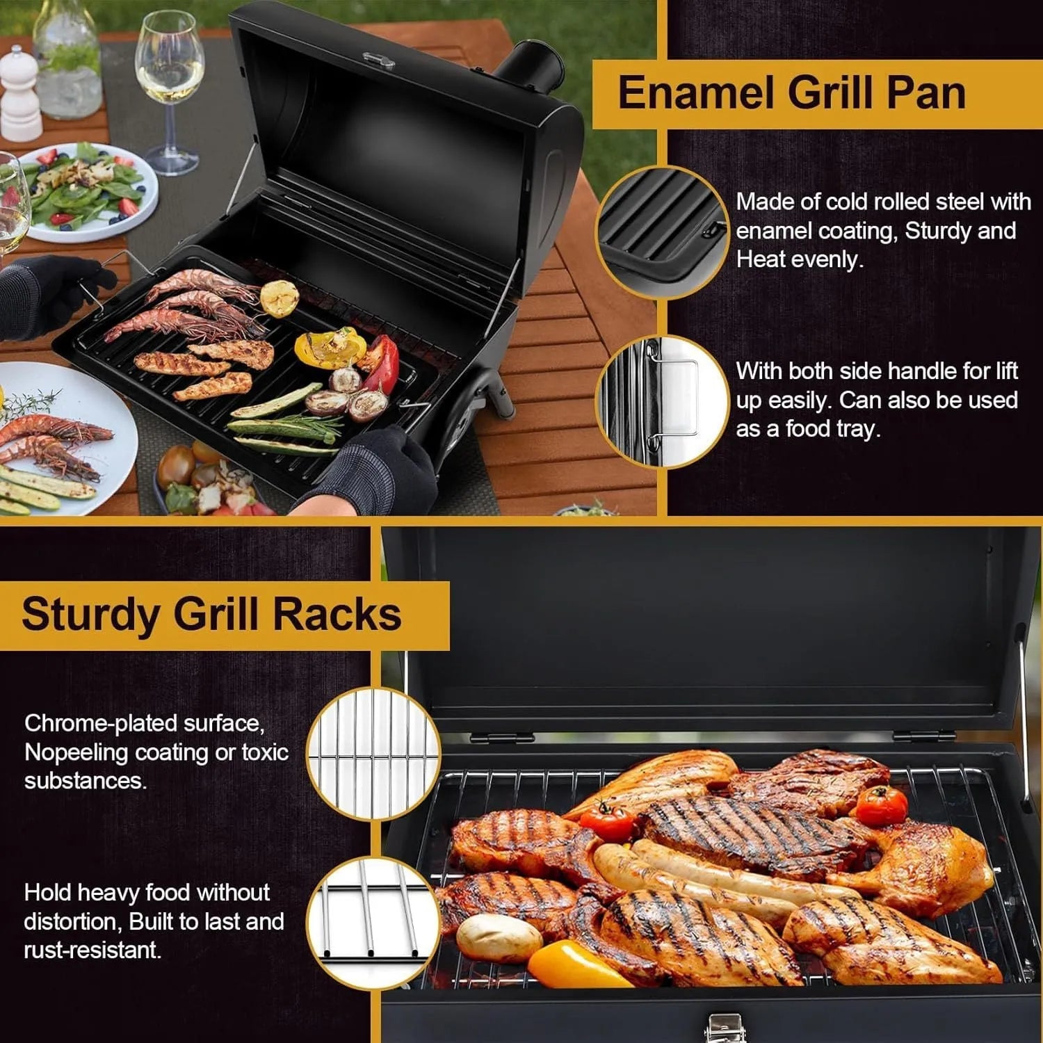 Small folding desktop charcoal barbecue stove with a metal grill on top.