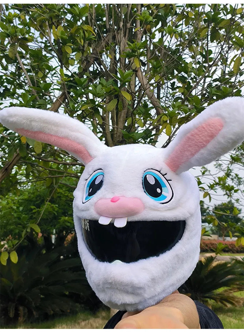 White rabbit head decorative cover for electric motorcycle helmet with plush lining