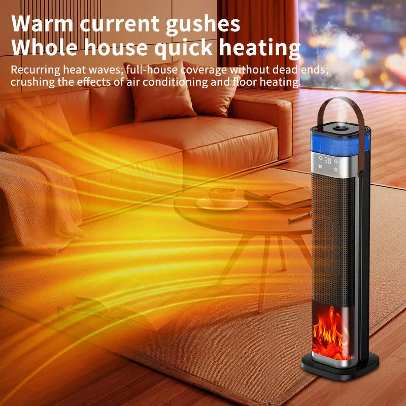 Tall, slim white vertical tower heater with digital display and remote control on a wooden floor.