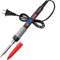 Grey 90W electric soldering iron with digital display, UK plug, and five soldering tips on a pen holder.