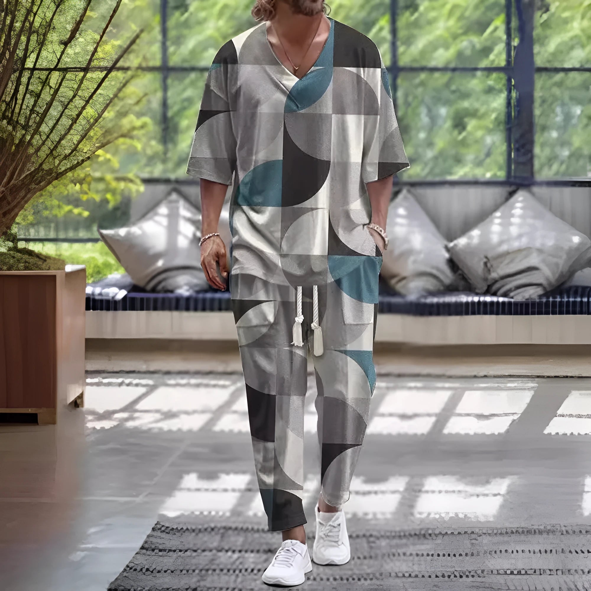 Lightweight polyester V-neck suit set with cropped sleeves and matching trousers on a hanger.