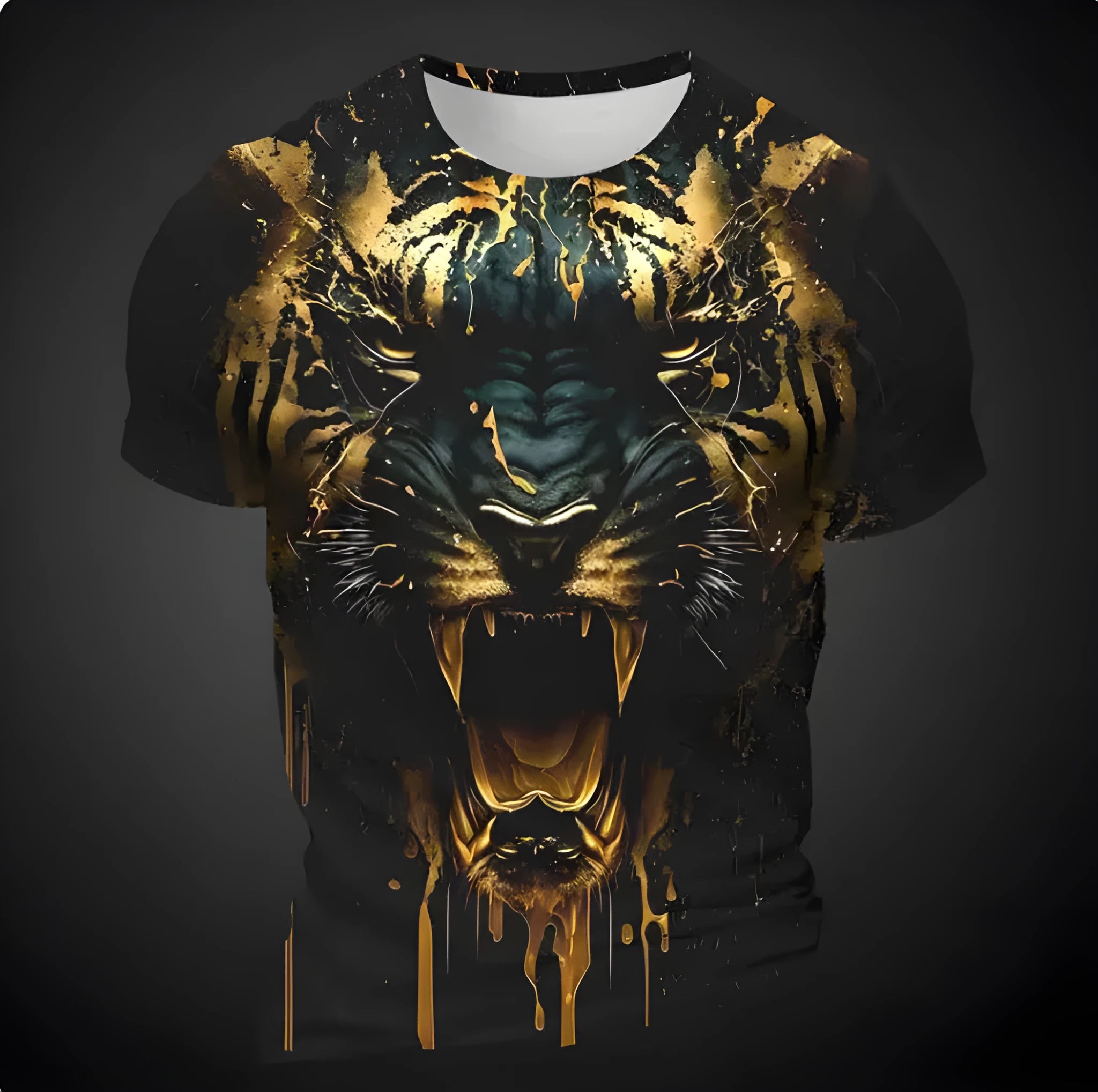 Men's grey T-shirt with detailed 3D tiger pattern on chest, short sleeves, pullover style