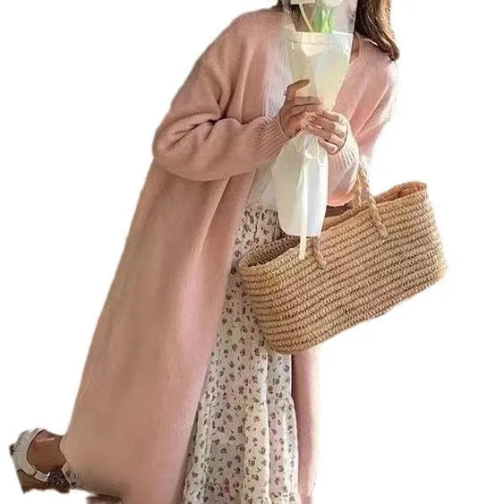 Women's knitted V-neck cardigan in khaki colour with medium length and loose fit