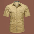 Men's short sleeve cotton work shirt in army green with loose fit design