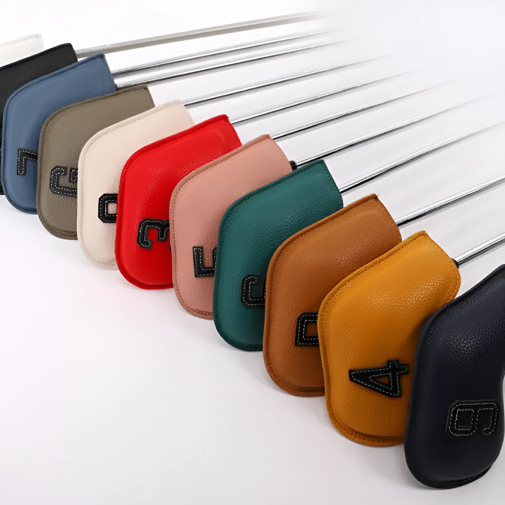 Ten digitally printed PU golf club head covers in varied colours