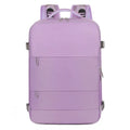 Large purple travel backpack for women with laptop compartment and organisational pockets.