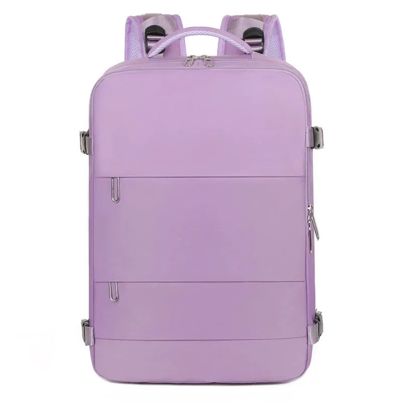 Large purple travel backpack for women with laptop compartment and organisational pockets.