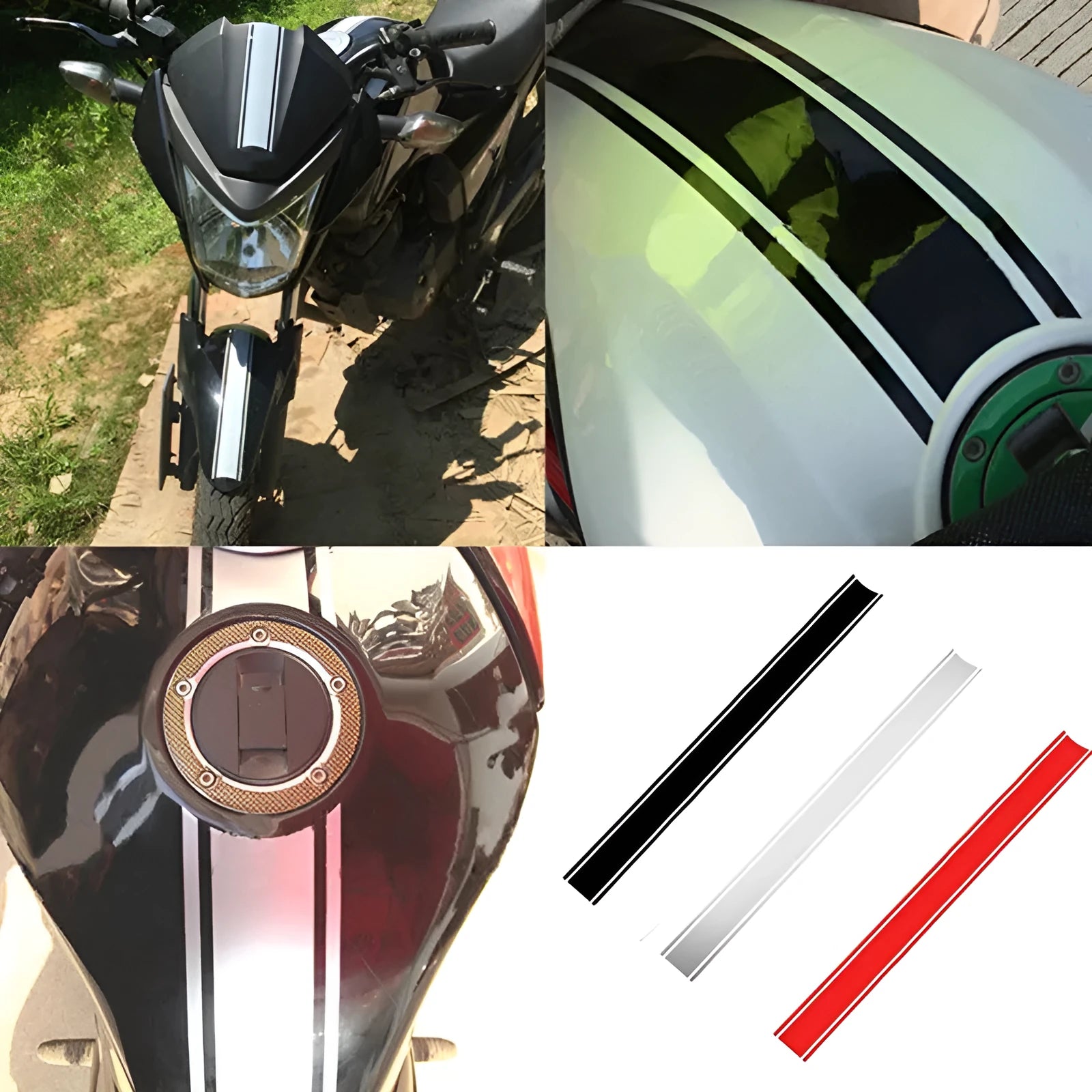 Long black reflective pinstripe motorcycle sticker for gas tank lid customisation.