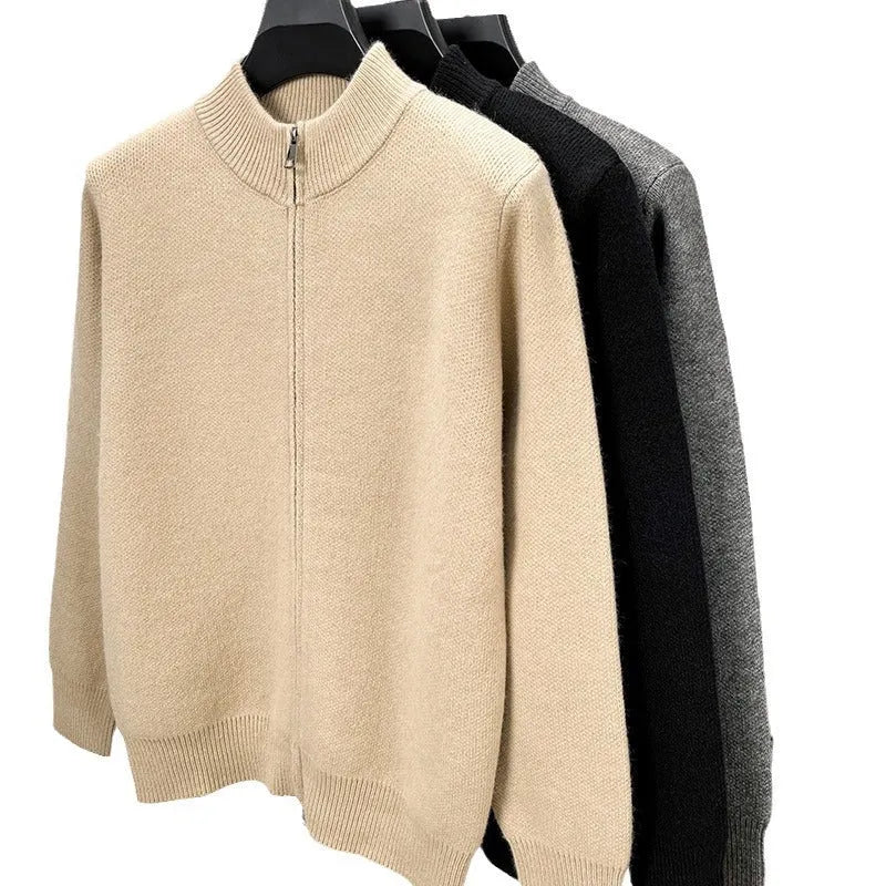 Men's loose fit knitted cardigan with a stand collar and full-length zip front in beige.