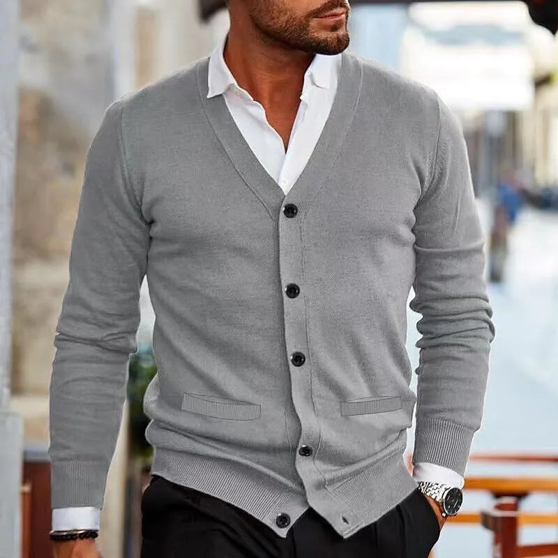 Men's slim fit acrylic cardigan sweater coat in wine red colour on a hanger