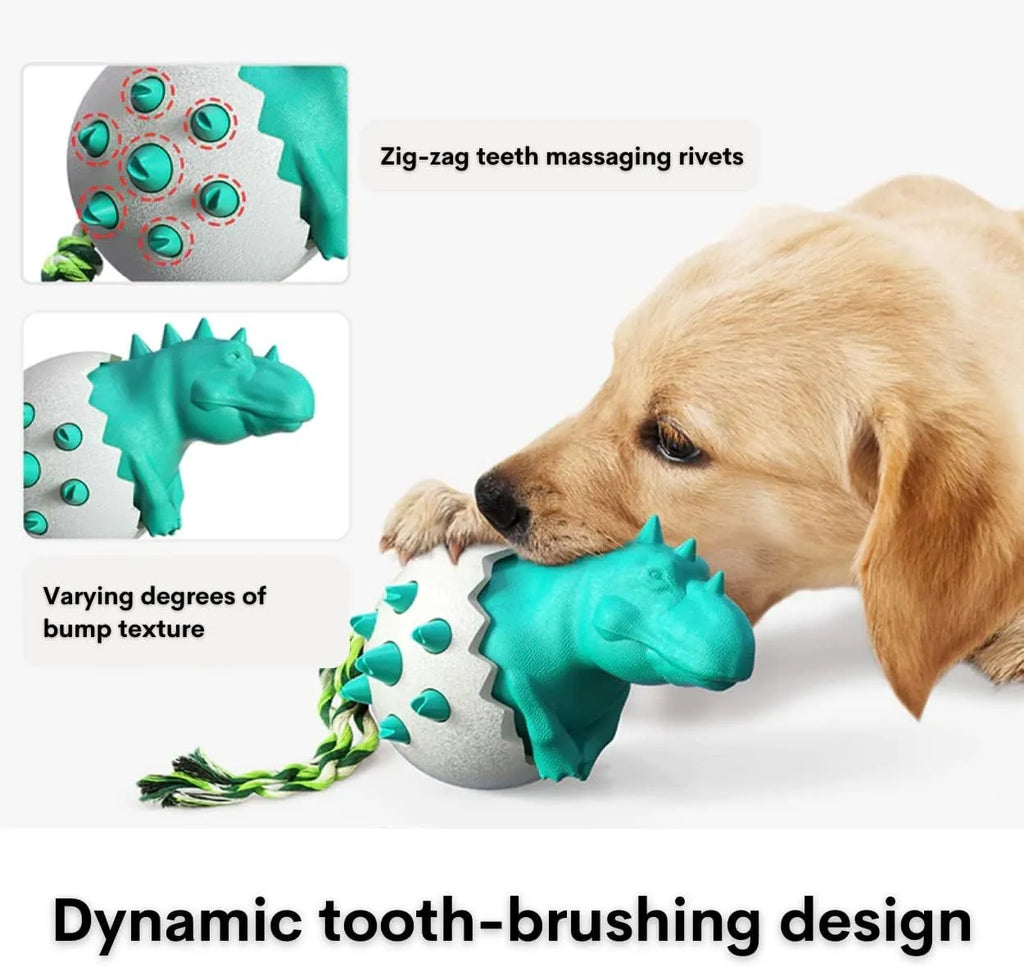 Blue dinosaur-shaped dog chew toy with rope and textured rubber surface.
