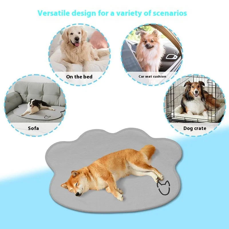 Ice silk pet cooling mat for dogs in light grey with dog head pattern and non-slip base
