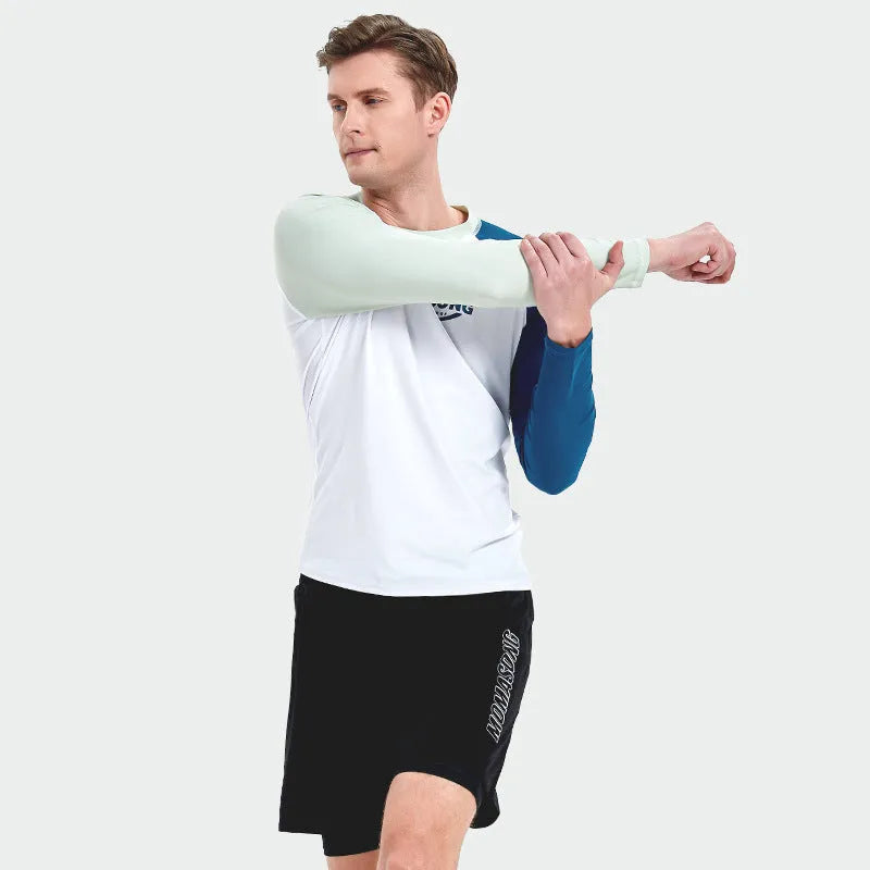 Men's white long-sleeved swim top with matching colour swim trunks laid flat.