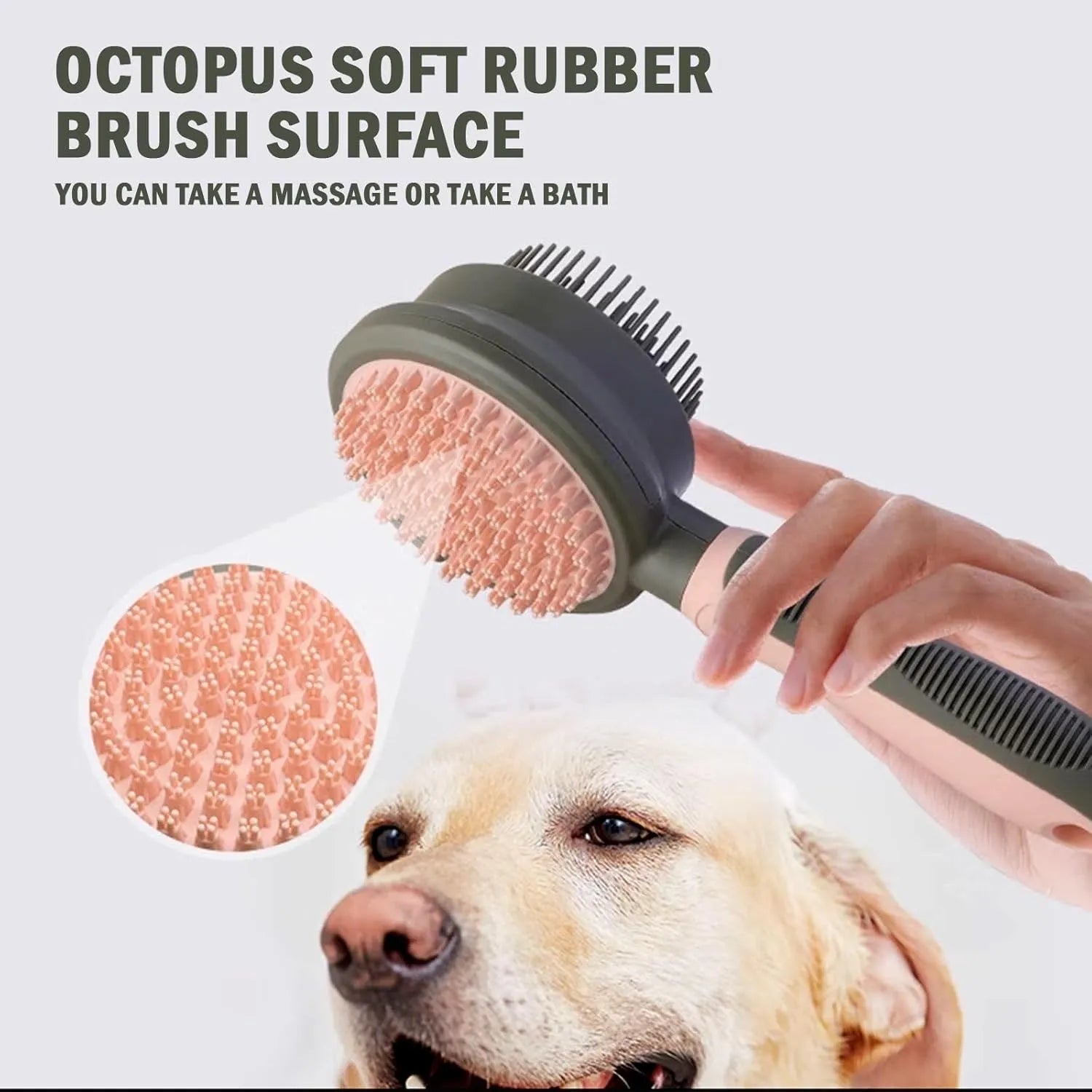 Double-sided pink cat brush with release button and a separate black flea comb on a white background.