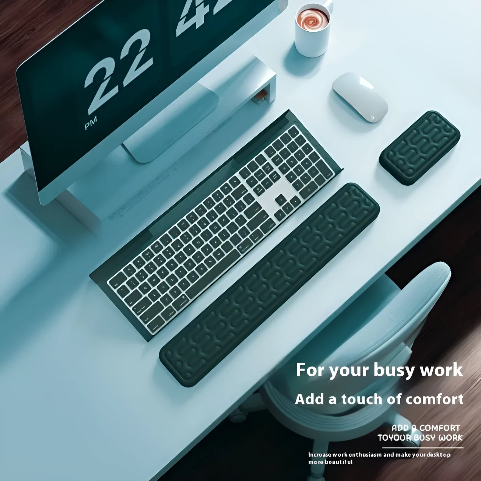 Double sided computer desk pad with integrated memory foam wrist rest in choice of colours