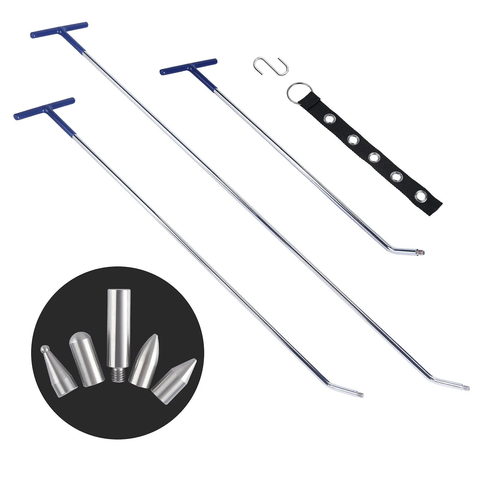 Three alloy steel car dent repair crowbars for automotive body panel maintenance