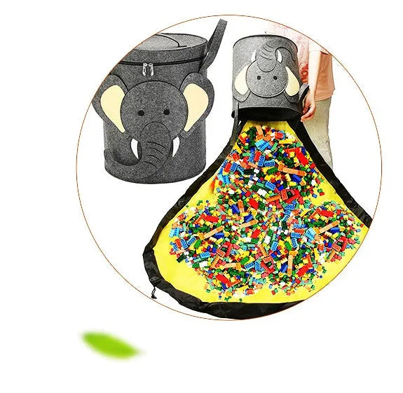 Green felt cube storage bag transformed into flat play mat with pull rope