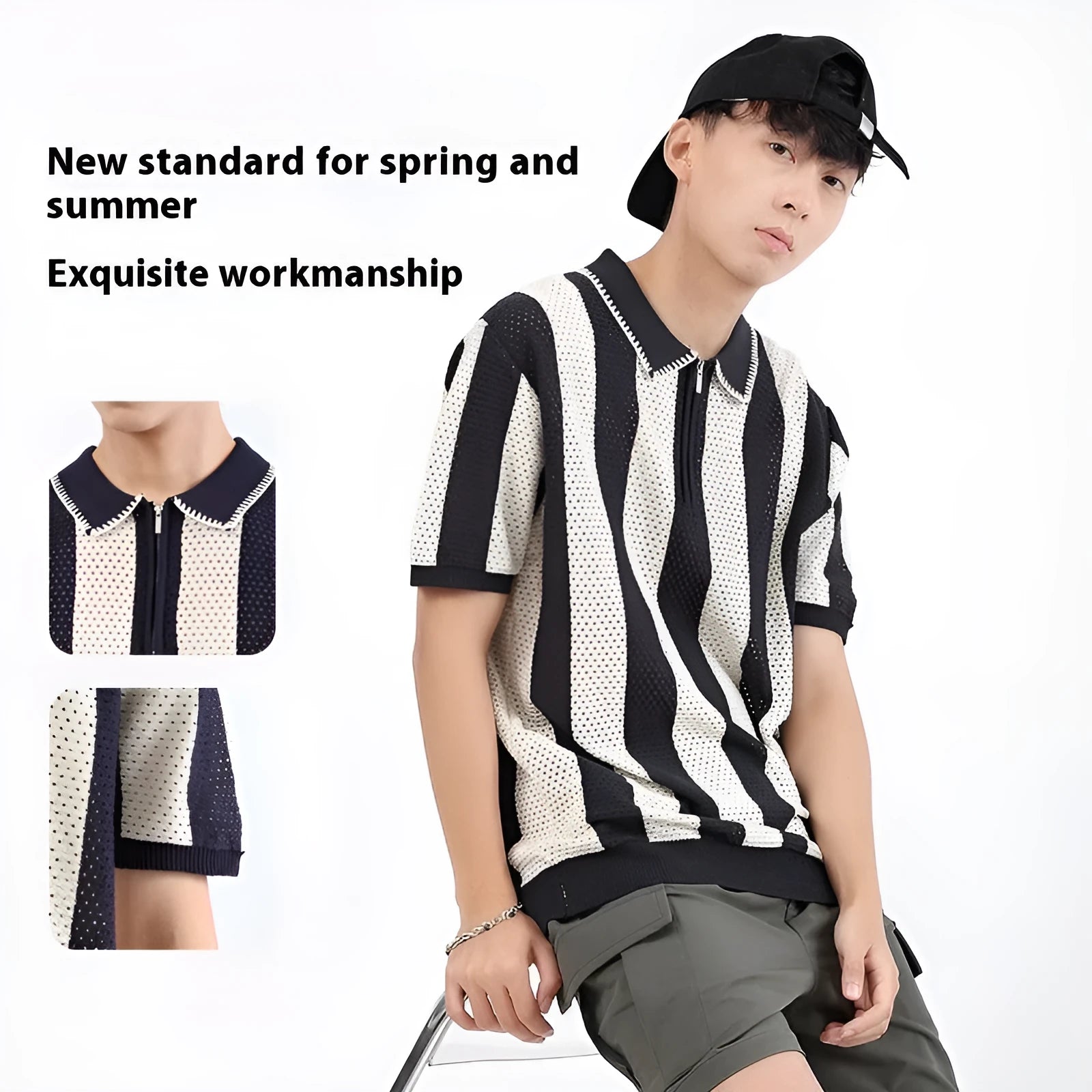 Men's ice silk short sleeve sweater with stripe pattern and zip decoration in multiple colour options