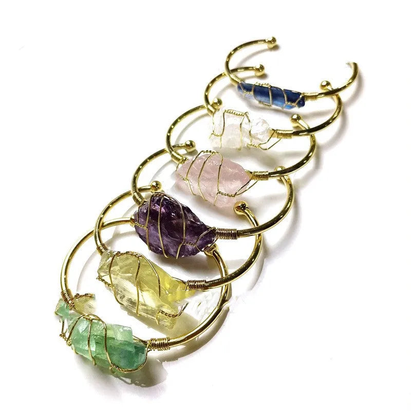 Natural crystal rough stone bracelet with gold winding geometric design