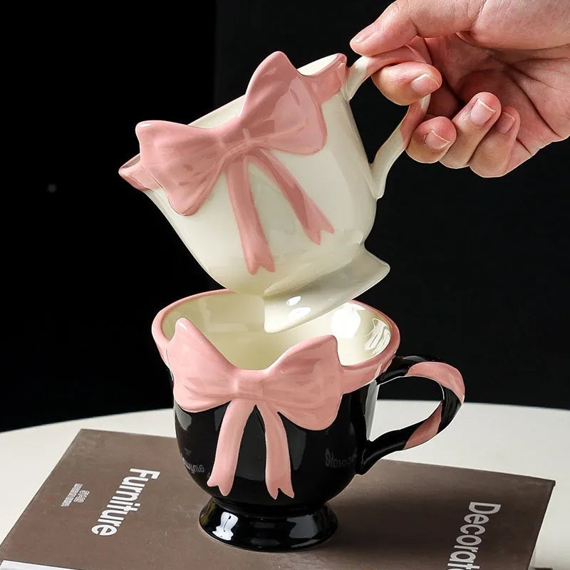 Ceramic mug with girl heart bow design in Black Pink and White Powder colours, 350ml capacity