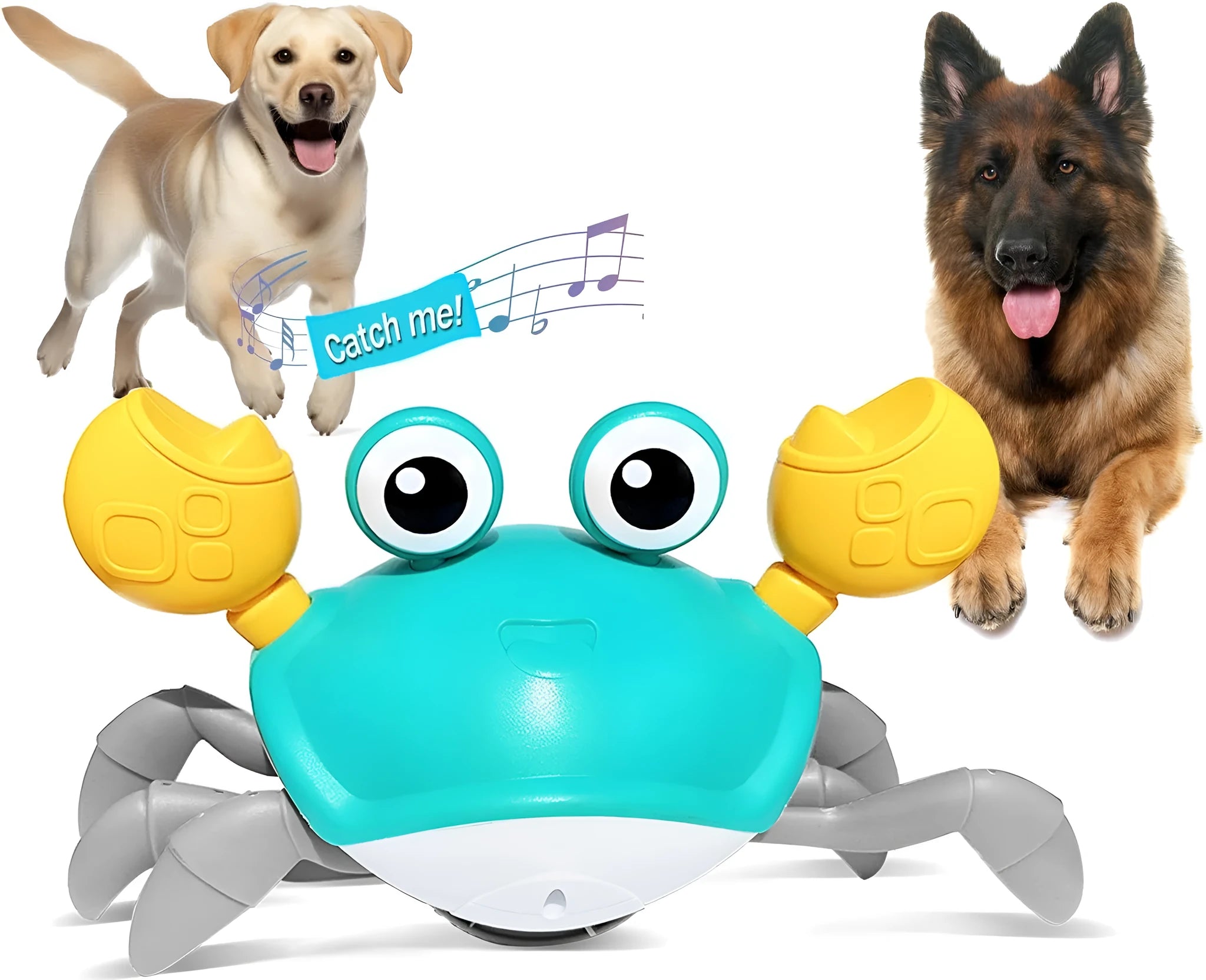 Blue and red electronic crawling crab dog toy with lights, shown on a floor.
