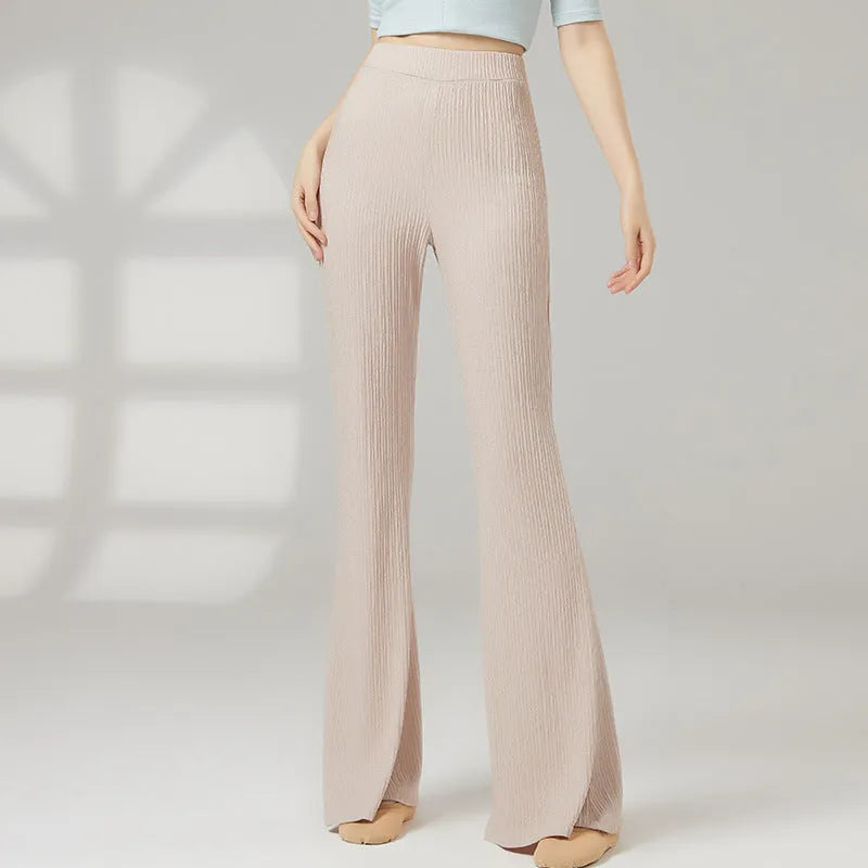 Solid-colour polyester dance practice trousers for women, shown in beige apricot, for ballet and contemporary training.