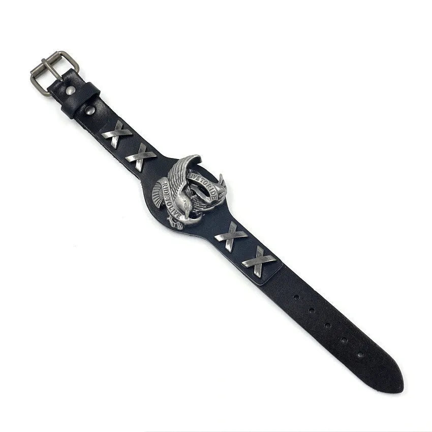 Black geometric leather bracelet with alloy eagle watch-buttom fastening showing tapered width design