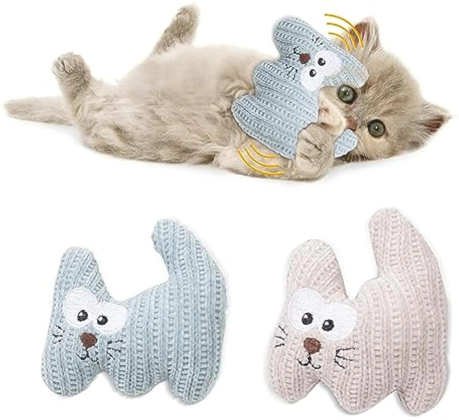 Cyan knitted plush catnip toy with bell measuring 12x11cm for cats and kittens