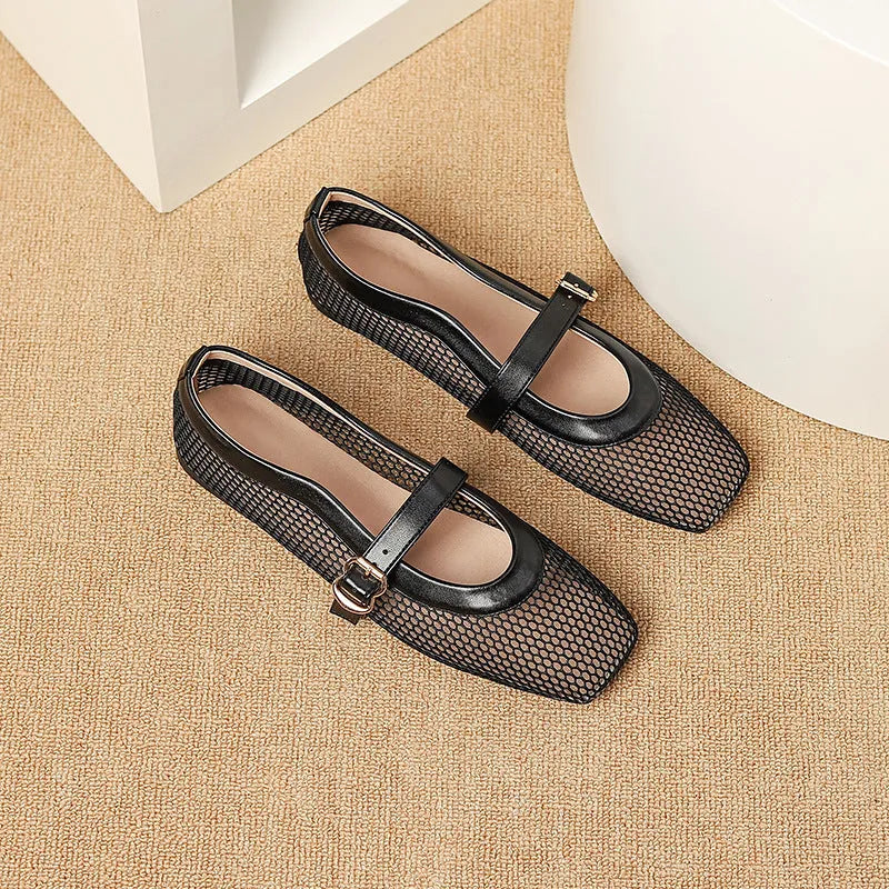 Women's breathable mesh summer shoe in a solid colour with square toe and adjustable buckle.