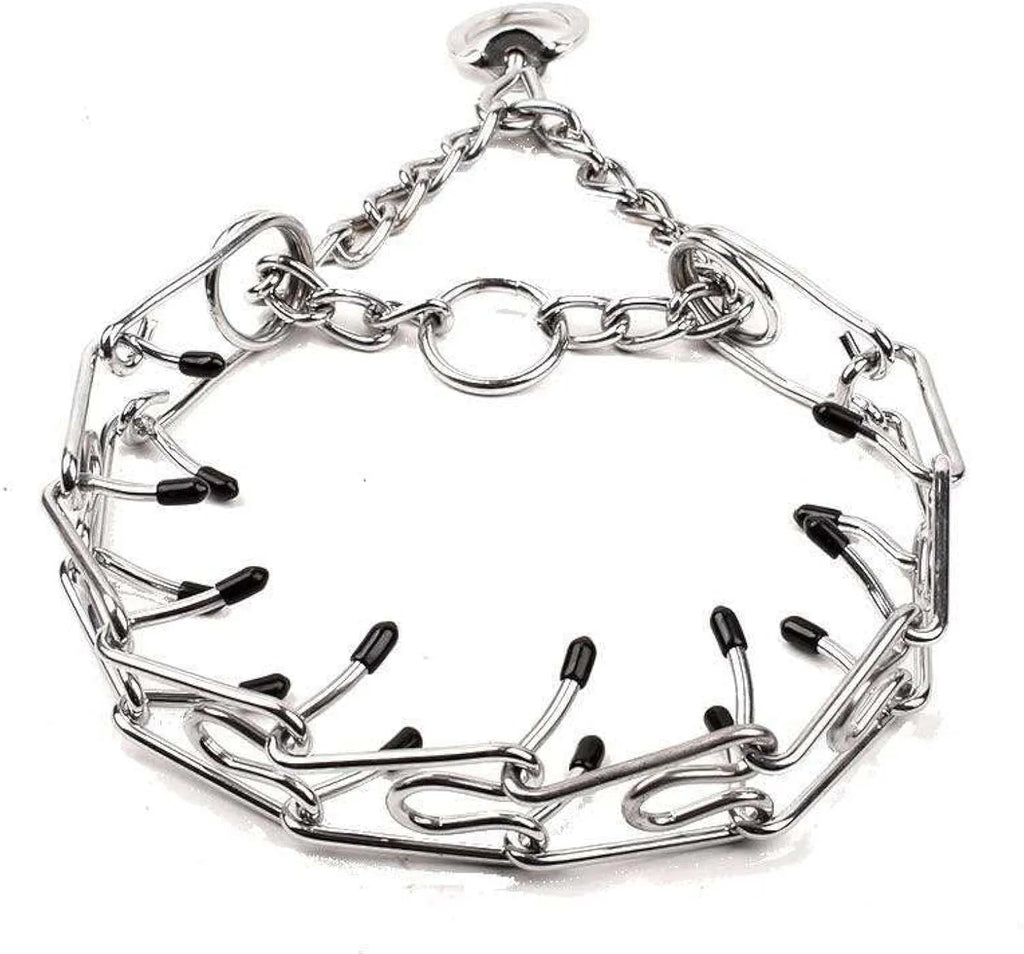 Stainless steel adjustable dog prong training collar with comfort rubber tips on a grey background