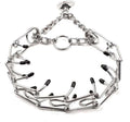 Stainless steel adjustable dog prong training collar with comfort rubber tips on a grey background