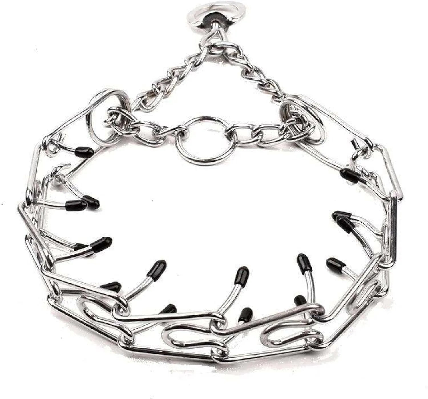 Stainless steel adjustable dog prong training collar with comfort rubber tips on a grey background
