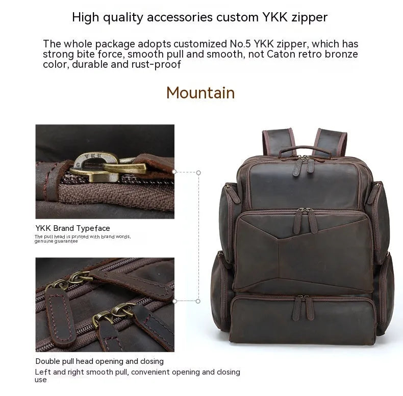 Dark brown leather backpack for 17-inch laptops with multiple compartments and shoulder straps