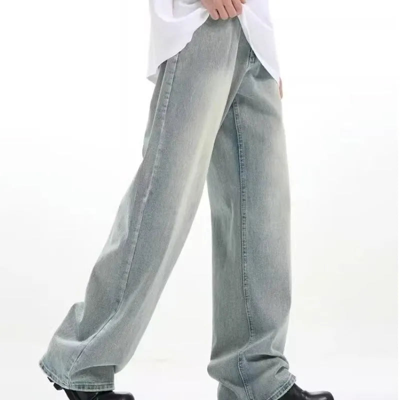 Blue retro trousers with rabbit fur fabric in loose casual fit showing high elasticity
