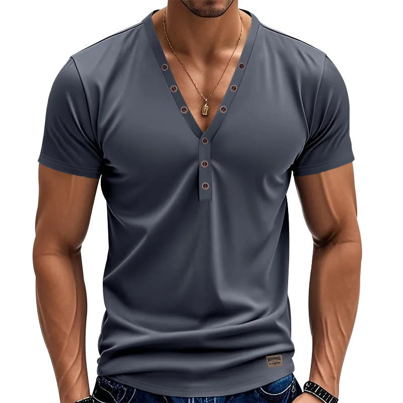 Men's loose-fit solid colour V-neck pullover with button detail on a hanger