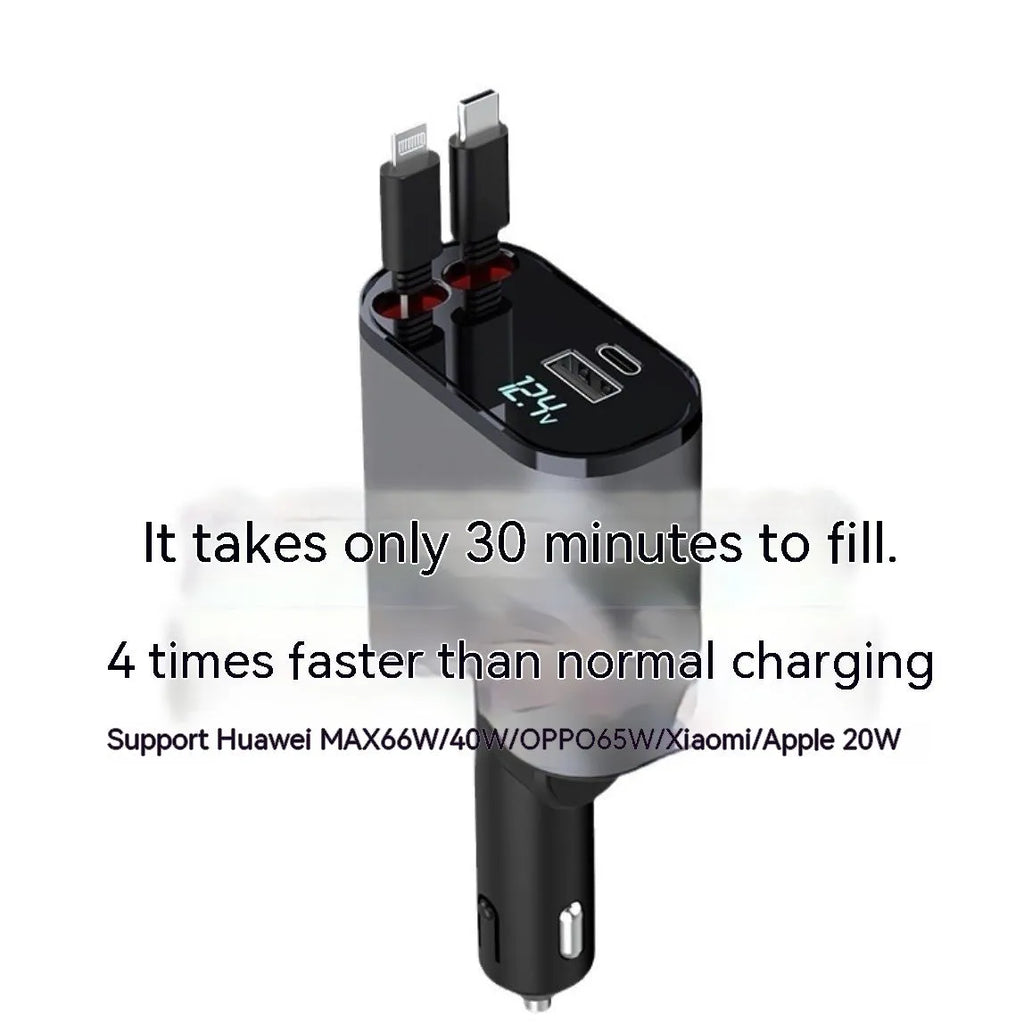 Automatic retractable car charger with four USB ports plugged into a vehicle cigarette lighter socket.