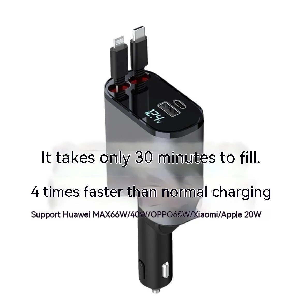 Automatic retractable car charger with four USB ports plugged into a vehicle cigarette lighter socket.