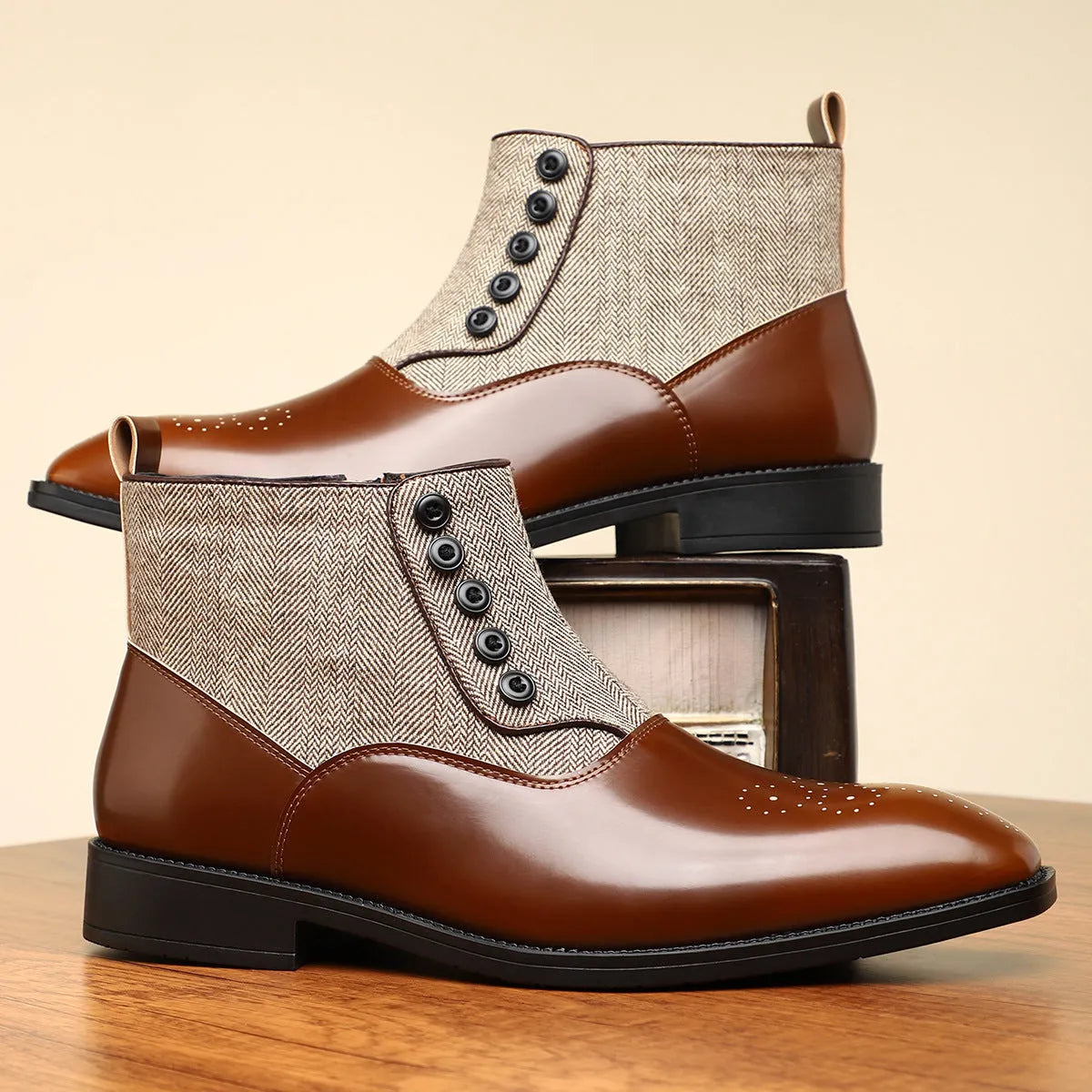 Men's brown retro-style formal shoes with side zipper and square toe
