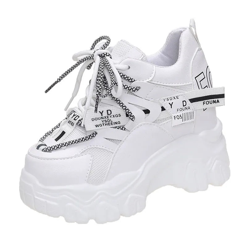 Women's white mesh platform tennis shoes with cross-strap and 6-8cm rubber sole.