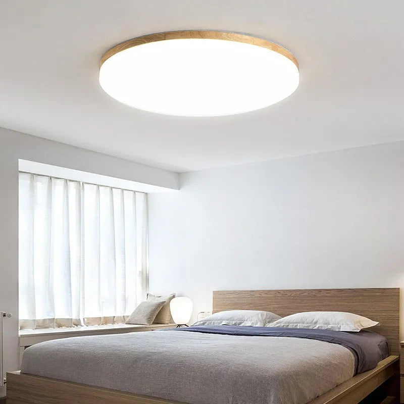 Japanese minimalist LED ceiling lamp with wood art body and acrylic shade in three size options
