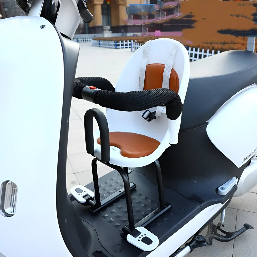 Front baby battery scooter safety seat with high carbon steel frame in black, red or white options