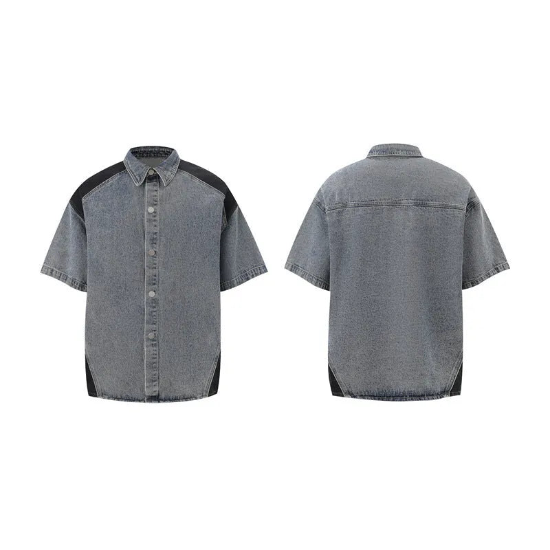 Retro washed denim jeans suit comprising a short-sleeved jacket and full-length trousers in blue