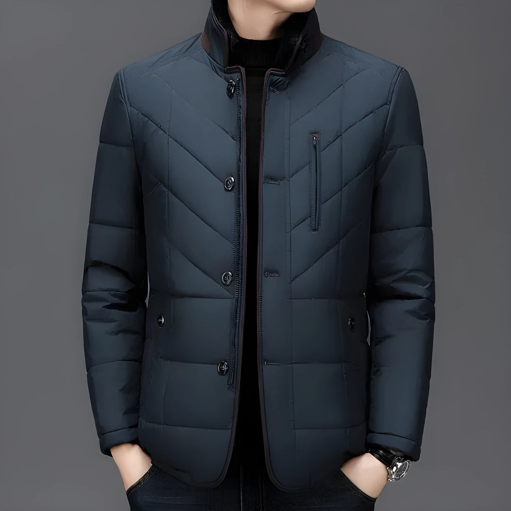 Dark blue men's short-length cotton-padded winter coat with side seam pockets on a hanger.