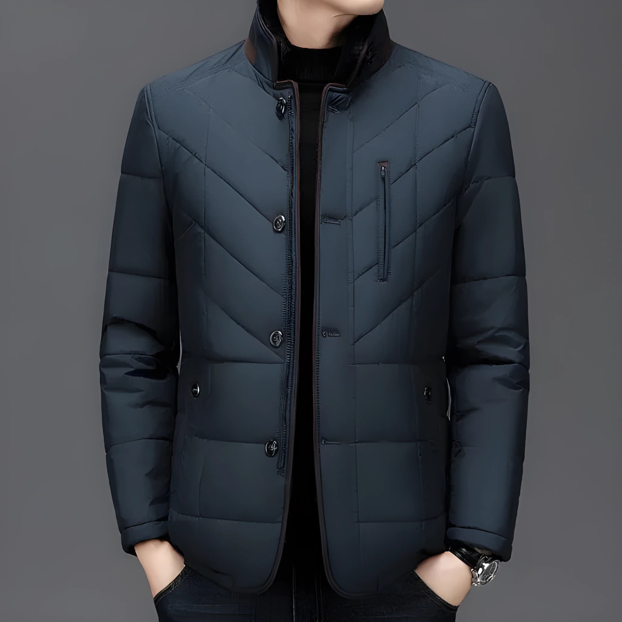 Dark blue men's short-length cotton-padded winter coat with side seam pockets on a hanger.
