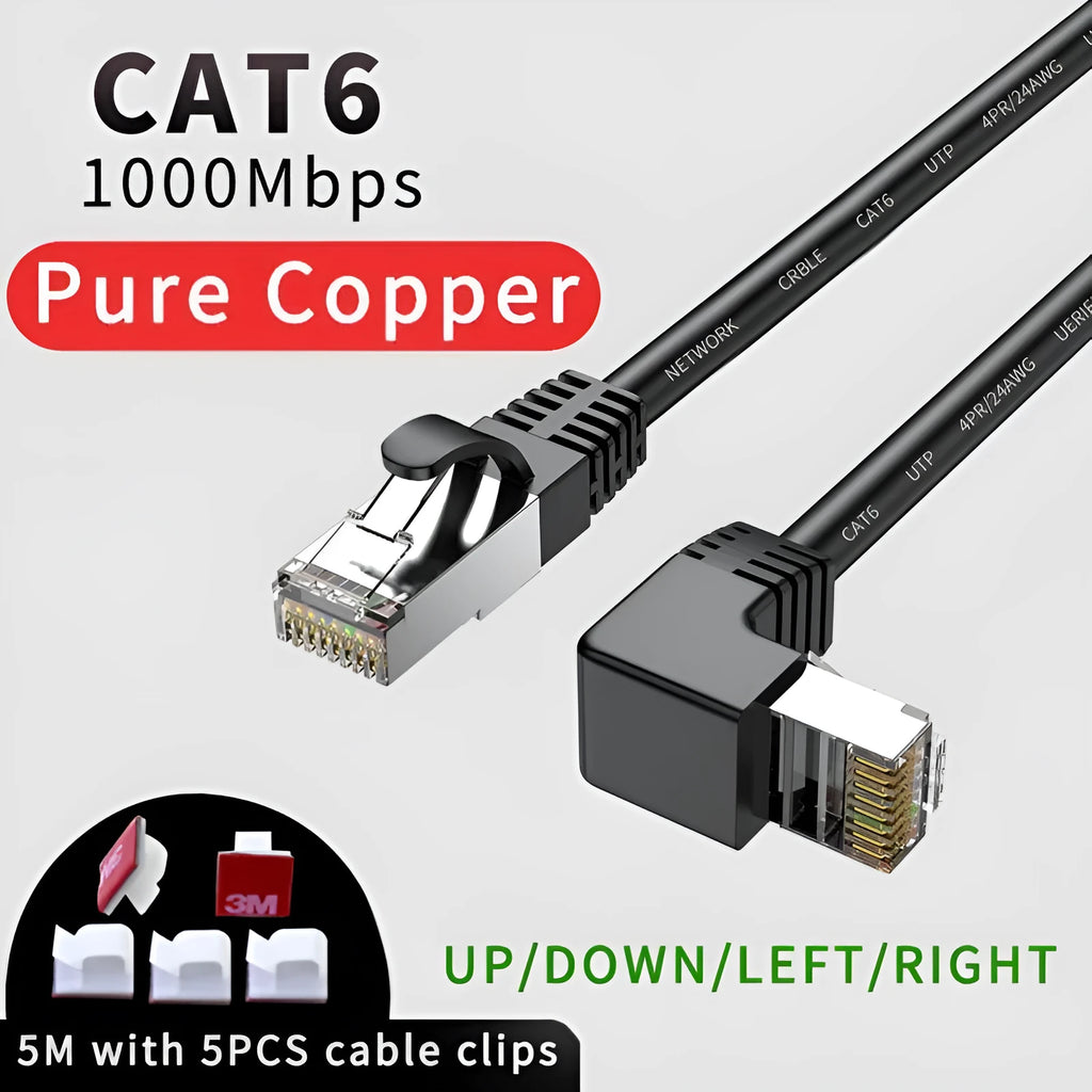 Cat6 Ethernet cable with right-angle RJ45 connector in black colour option